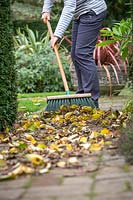 Sweeping up leaves from a path with a broom