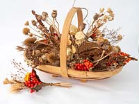 Trug of dried flowers and seed heads for Christmas, autumn, winter arrangements.