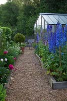 Delphinium 'Guardian Blue' and 'Magic Fountains Mix' flowering in the rose garden with gravel path leading to greenhouse and old wicker chair.
