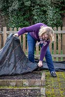 Covering a vegetable bed with a plastic membrane in order to suppress weeds and warm up the soil