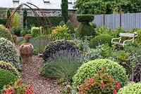 Evergreen topiary shapes in small country garden 