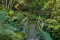 An old wooden bridge through a wooded area in autumn in John Ruskin's Brantwood Gardens, Coniston, Cumbria, UK