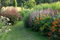 A grassy path separates borders planted with clumps of bistort, Persicaria amplexicaulis 'Firetail' and 'Rosea', orange geums, euphorbia, heleniums, miscanthus and feather reed grass.