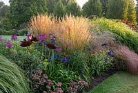 Prairie style herbaceous border planted with clumps of feather reed grasses, Calamagrostis x acutiflora 'Karl Foerster', Cleome hassleriana, sedums, miscanthus, agapanthus, tobacco plants and pheasant's tail grass.
