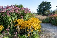 Rudbeckia 'Goldsturm' and Eupatorium cannabinum in foreground, path and other beds beyond