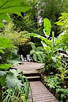 View along a board walk past Gunnera manicata, Bananas and Cannas to a decked area with seating in a subtropical garden