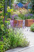View through public communal space with mixed summer planting including salvia and lavender towards moveable wooden cube seating on rails and resin bound pathway with contemporary stone edging. The Crest Nicholson Livewell Garden - Hampton Court Flower Show 2019 