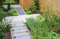 View of paved pathway in London garden, with raised stepping stones and gravel infill. By Earth Designs
