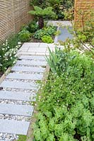 View of paved pathway in London garden, with raised stepping stones and gravel infill. By Earth Designs
