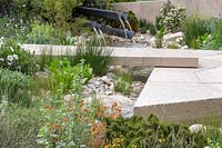 View of a water feature and limestone path over the stream with marginal plants including Juncus effusus.  The Telegraph Garden. RHS Chelsea Flower Show, 2016. Designer: Andy Sturgeon FSGD, Sponsor: The Telegraph.
