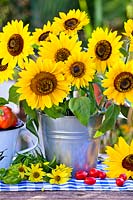 Sunflower bouquet in a bucket.