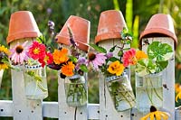Edible flowers and herbs in glass jars attached to a wooden picket fence.