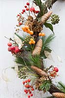 Detail of wreath with rosehips, crab apples, ivy seedheads, pine cones, pine foliage and papery seedheads. Styling by Marieke Nolsen. 