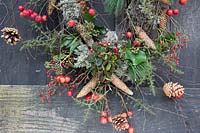 Detail of rustic christmas wreath made with a mix of rosehips, crab apples, pinecones and foliage. Styling: Marieke Nolsen