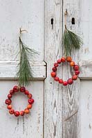 Crab apple mini wreaths with pine twig hanging on rustic wooden backdrop. Styling: Marieke Nolsen