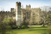 The South Garden at the Bishop's Palace, Wells in March with the ruins of the Great Hall as a backdrop.
