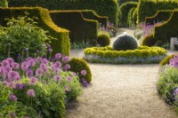 Formal garden with yew hedges and borders lined with Allium 'Purple Rain' at Arundel Castle, West Sussex, in May