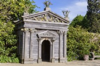 Temple made from green oak and topped with antlers from the estate, designed by Julian and Isabel Bannerman in the Collector Earl's Garden at Arundel Castle, West Sussex in May