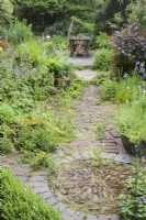 A circular pattern of inset stones at the junction of paths in a cottage garden in June surrounded by self-seeded aquilegias and wild strawberries.