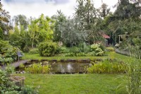 Rectangular pond with marginal plants and mixed borders.