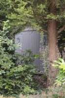 Grey painted garden shed concealed behind shrubs and trees