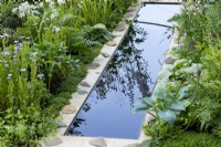 The Communication Garden. A long still pool edged in hostas, ferns, brunnera, astrantias and white delphiniums.