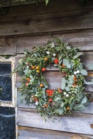 Christmas wreath hung on shed with orange and grey theme, has orange berries and rosehips, white snowberries and grey foliage of  eucalyptus