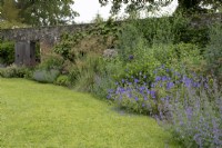 The Upper Walled Garden, flower border against wall with grass in front - Designer: Penelope Hobhouse - June