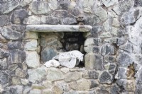 Skulls of animals in alcove  in stone wall 
