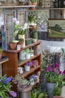 Caption Interior of conservatory filled with cut flowers, shelves of jugs and garden heater. 