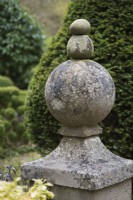 Stone gate finial at Lower House, Powys in March
