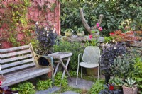 Seating by cottage and stone wall, informal planting and containers with Dahlia and succulents. 