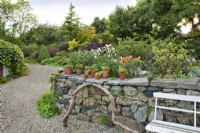 Dry stone wall with pots of succulents and driftwood, border and gravel path beyond.