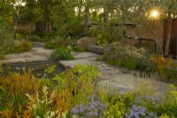Sunrise over autumnal plantings around a water feature in the M  and  G Garden, a shared urban space designed by Charlotte Harris and Hugo Bugg.
