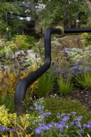 M and G Garden, transforms an urban wasteland, incorporating the old pipes which are softend by: Amsonia illustris, Aster sedifolius Nana,Pennisetum alopecuroides 'Cassian',  and Patrinia punctiflora. 