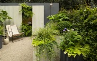  Circular metal containers filled with plants in shades of green around a gravel seating area backed by tin panels and shelves of ferns in the Hot Tin Roof Garden.