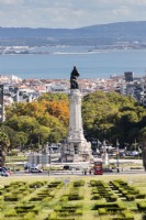 View over the central Box Parterre to the Statue of the Marquis de Pombal and view to the river. Lisbon, Portugal, September