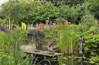 Natural pond with moisture loving plants, wooden pier and a woman statue: Darmera peltata, Dahlias in containers, water lilies, Typha laxmannii and grasses. 