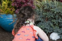 Young child crouching down to look at plants