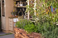 Raised bed planted with fragrant herbs, edible flowers and perennials in the contemporary kitchen garden. The Parsley Box Garden at Chelsea Flower Show 2021 Design: Alan Williams