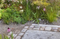 The M and G Garden. Detail of paved area with a mix of gravel and paving for improved drainage. Autumn planting combination including  Echinacea pallida, Pennisetum alopecuroides 'Cassian', Sporobolus heterolepis, and Solidago x luteus 'Lemore'.