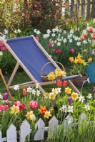Deckchair and spring borders of tulips and narcissus.