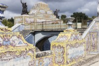 Bridge over the Tile Canal. Highly decorated walls with painted tiles or Azulejos.  Queluz, Lisbon, Portugal, September. 