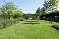 Lawn with view of terrace and grasses and trees in borders.