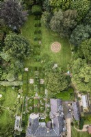 Aerial view of the garden at the Old Rectory, Netherbury, Dorset in August