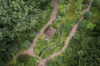 Aerial view of the bog garden at the Old Rectory, Netherbury, Dorset in August