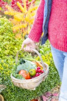 Woman carrying a wooden trug full of vegetables