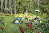 Cycle mower on artificial grass.