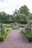 Looking through 'Gothic' arch planted with Clematis Blekitny Aniol syn. Clematis Blue Angel and scented Rosa 'Hardwell' to planter at central meeting-point of paths in contemporary walled-garden at Dumfries House. 

Lilium regale and Echinacea syn. cone-flower growing at base of arch.  Paths edged with Buxus sempervirens syn. Box. Summer, September.