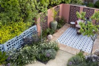 Aerial view of Moroccan style garden and patio